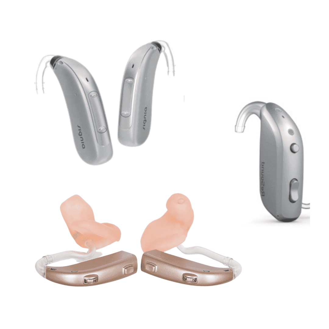 BTE hearing aids, one pair with earmolds and one pair of silver BTEs
