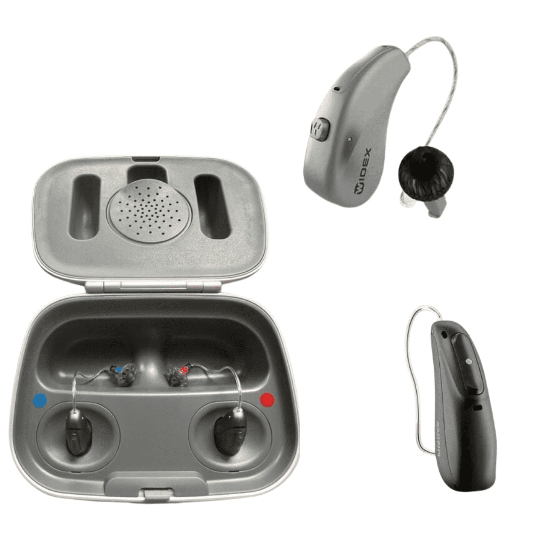 RIC hearing aids in a charging case and individually