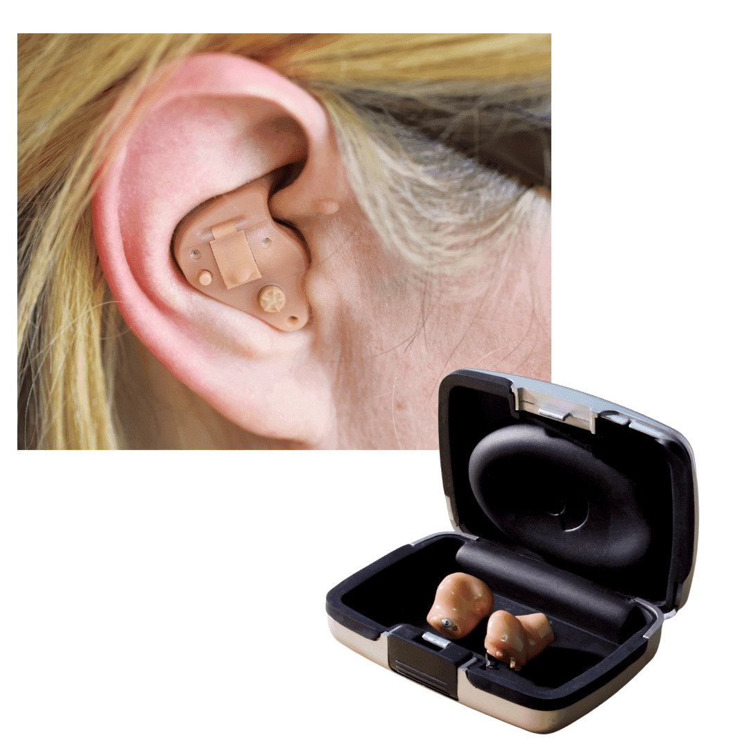 custom hearing aids, a woman wearing a custom hearing aid and a case with a pair of custom hearing aids